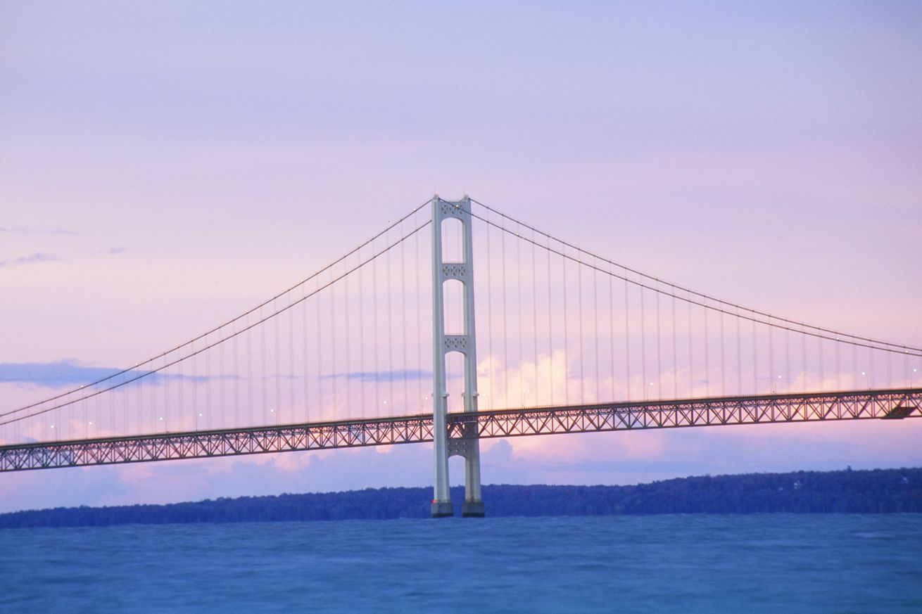 The Mackinac Bridge at dusk in upper peninsula Michigan