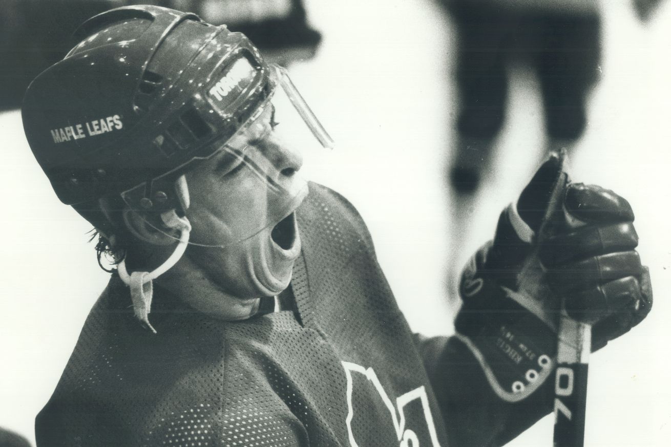 Late night, Russ?: Toronto Maple Leafs winger Russ Courtnall lets out yawn during practice yesterday