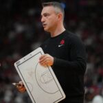 Apr 14, 2024; Miami, Florida, USA; Toronto Raptors head coach Darko Rajakovic prepares for a timeout during the first half against the Miami Heat at Kaseya Center. Mandatory Credit: Jim Rassol-USA TODAY Sports