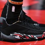 Mar 27, 2024; Toronto, Ontario, CAN; Aview of a shoe worn by Toronto Raptors guard Bruce Brown (11) against the New York Knicks at Scotiabank Arena. Mandatory Credit: Dan Hamilton-USA TODAY Sports