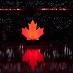 Oct 20, 2023; Toronto, Ontario, CAN; A maple leaf logo at center court before a game between the Washington Wizards and Toronto Raptors at Scotiabank Arena. Mandatory Credit: John E. Sokolowski-USA TODAY Sports