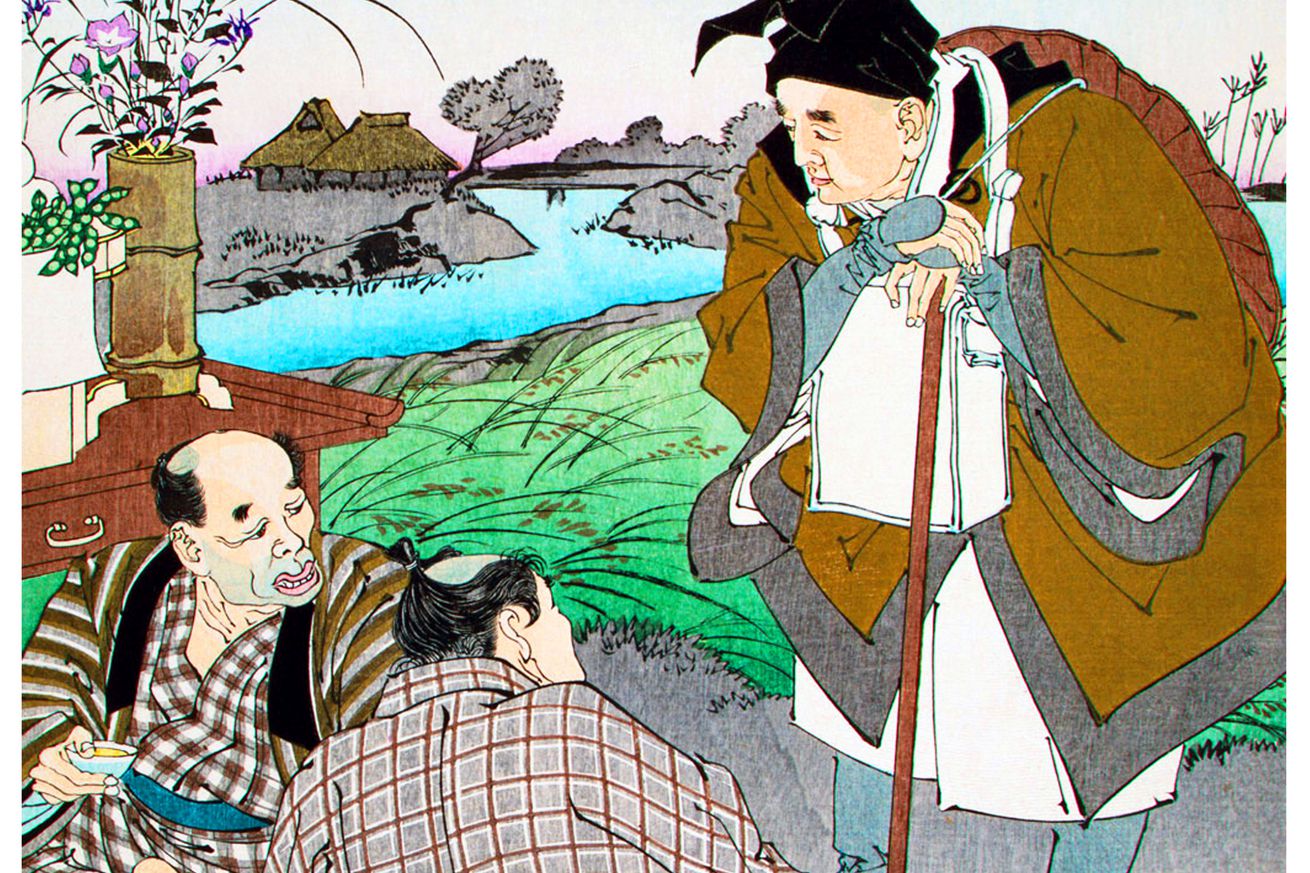 Japan: The wandering poet Matsuo Basho (1644-1694) conversing with two roadside tea drinkers. Tsukioka Yoshitoshi (1839-1892), 1891