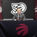 Toronto Raptors head coach Darko Rajakovic talks to the media during media day at Scotiabank Area.