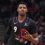 Nov 21, 2024; Toronto, Ontario, CAN; Toronto Raptors forward RJ Barrett (9) reacts after making a three point basket against the Minnesota Timberwolves in the second half at Scotiabank Arena. Mandatory Credit: Dan Hamilton-Imagn Images