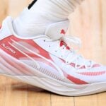 Feb 2, 2025; Toronto, Ontario, CAN; A view of a shoe worn by Toronto Raptors forward RJ Barrett (9) against the Los Angeles Clippers at Scotiabank Arena. Mandatory Credit: Dan Hamilton-Imagn Images