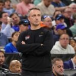 Mar 4, 2025; Orlando, Florida, USA; Toronto Raptors head coach Darko Rajakovic looks on during the second half against the Orlando Magic at Kia Center. Mandatory Credit: Mike Watters-Imagn Images Jakob Poeltl